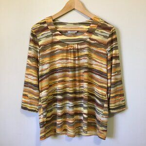 Tan Jay Petites 90s Retro 3/4 Sleeve Jovian Striped Top L